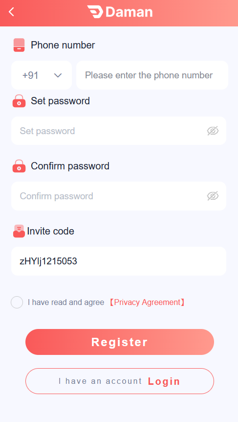 Daman Game registration form with phone number, set password, confirm password, invite code, a Register button and an I have an account Login option